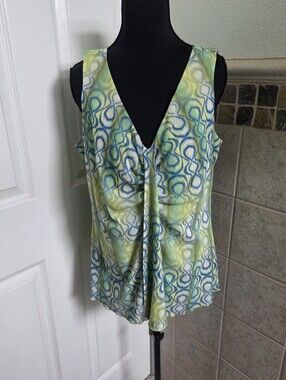 Y2K axcess green & blue abstract print sleeveless blouse V-neck Fairy Size XL